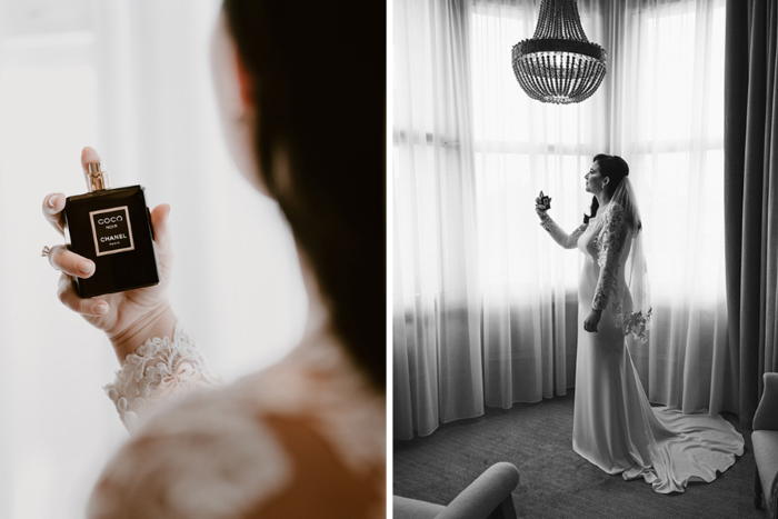 Bride holds bottle of Coco Chanel perfume 
