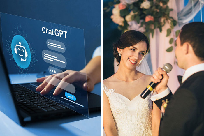 Stock image for ChatGPT and bride looking at groom while he gives a speech