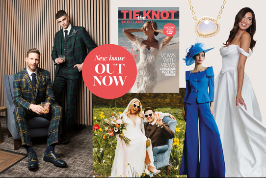 A variation of images from two grooms wearing tartan suits, a bride and groom sitting amongst flowers, a magazine cover, a woman wearing a blue jumpsuit and hat, a bride smiling wearing a white dress and a necklace