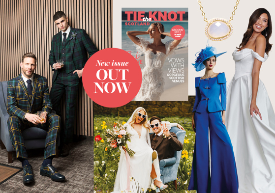 A variation of images from two grooms wearing tartan suits, a bride and groom sitting amongst flowers, a magazine cover, a woman wearing a blue jumpsuit and hat, a bride smiling wearing a white dress and a necklace