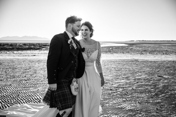 Black and white image of Bride And Groom On Troon Beach