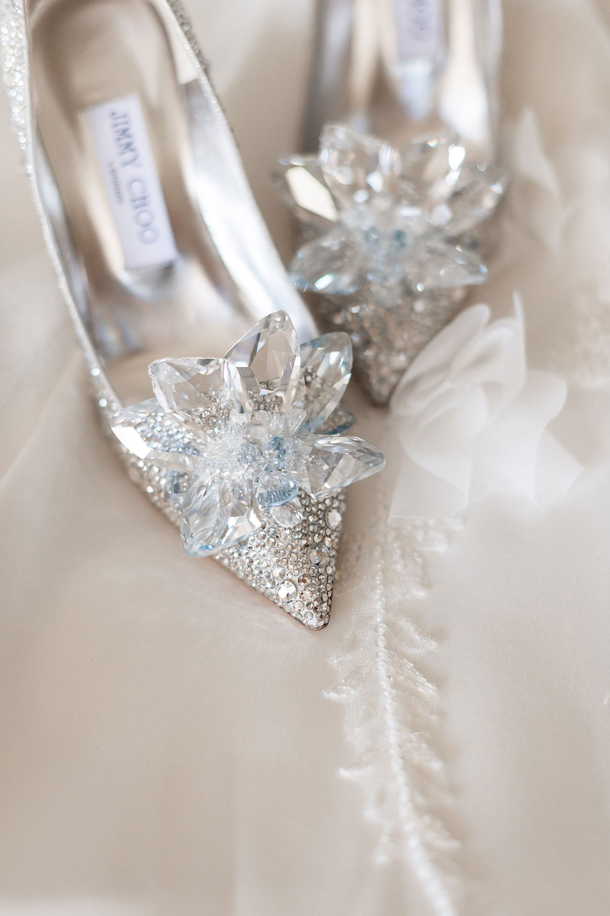 Crystal-embellished Jimmy Choo bridal shoes styled for wedding morning at Old Course Hotel St Andrews.