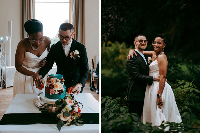 Couple cutting their wedding cake and couple portrait outside