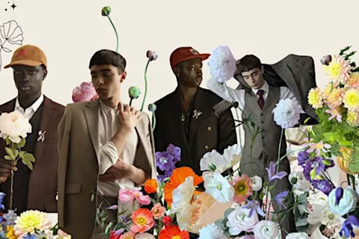 edited collage of men in various suits with images of different floral arrangements scattered across the different fashion cutouts