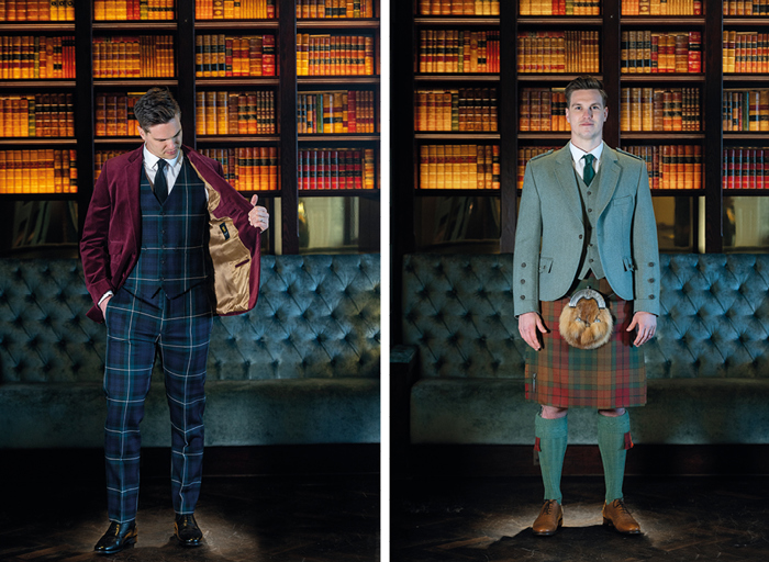 Two men in Highlandwear looks, one in tartan trews and one in kilt, both standing in front of leather seat and lit bookcase