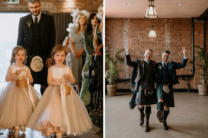 Two Young Girls Wearing Flower Girl Dresses Carrying Wicker Baskets on left And Two Men In Kilts Holding Hands And Making Peace Signs With Red Brick Wall In Background on right