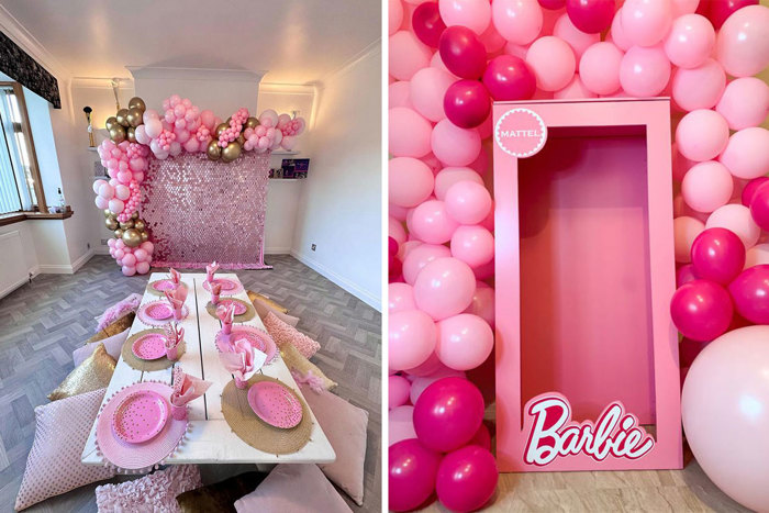 Pink table set up and Barbie box with pink balloons