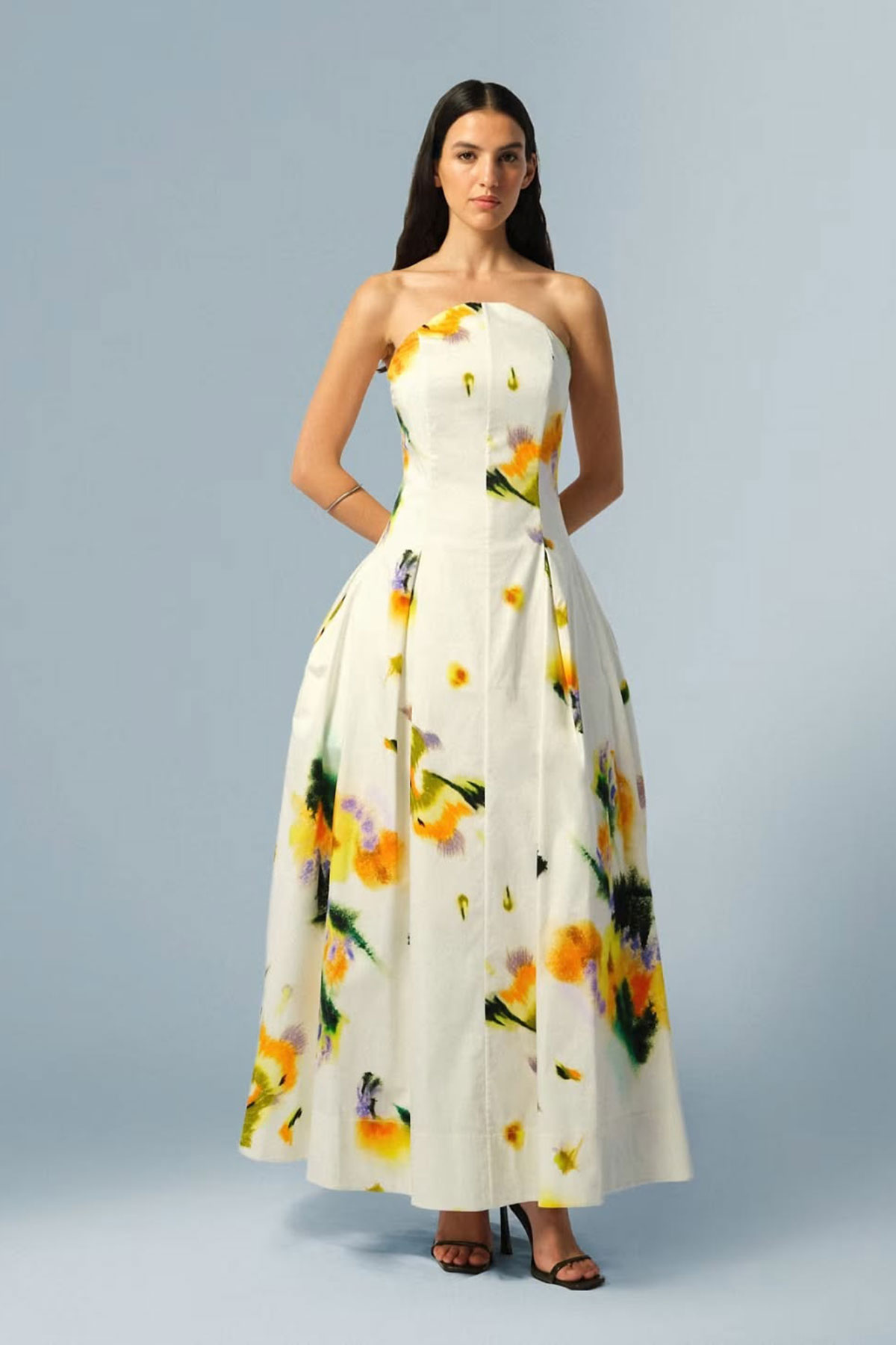 Strapless structured maxi dress with abstract floral print in yellow and green