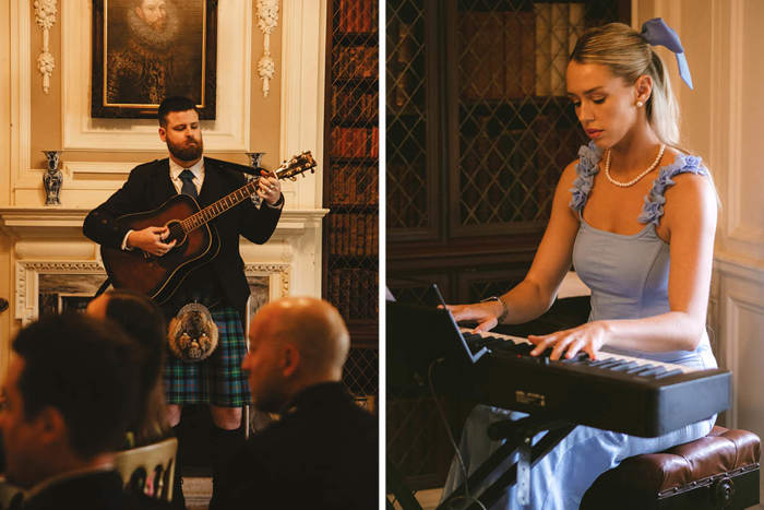 A Person In A Kilt Playing Guitar O Left And Romy Mccahilll Wearing A Blue Dress Playing An Electric Piano