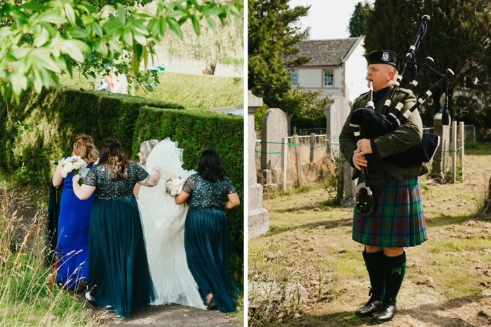 Bride With Her Bridesmaids And A Wedding Piper