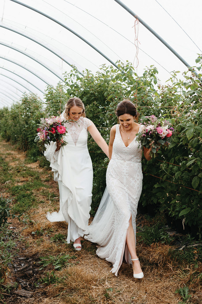 two brides, each carrying their own pink bouquet, walk hand in hand, one in front of the other, through a berry bush filled greenhouse