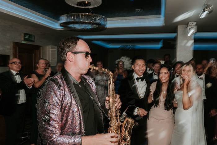 Shades of Sax performing saxophone at a wedding at Busby Hotel