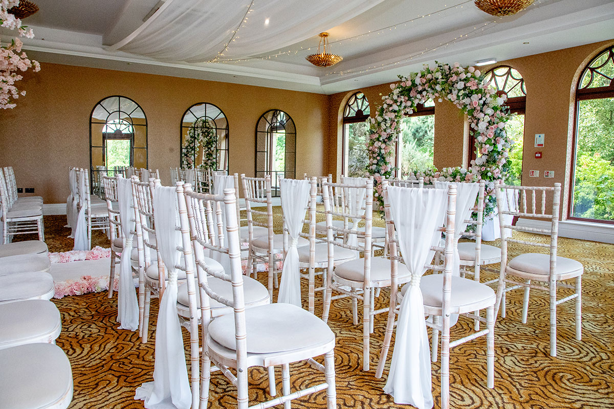 Gleddoch Golf Resort and Spa interior set for a wedding ceremony