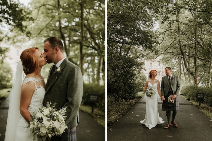 A Bride And Groom Kissing In Woodland At Cornhill Castle