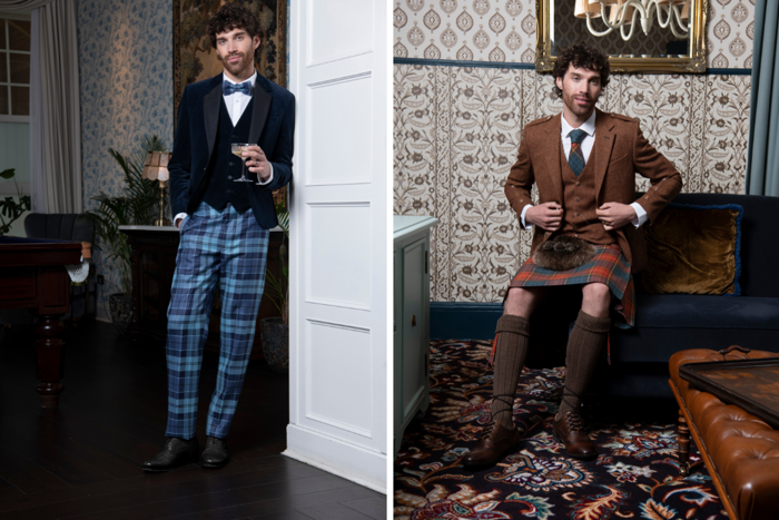 groom leaning against wall holding drink wearing blue tartan trousers and blue tartan jacket, next to groom sitting on navy couch on top of Paisley print carpet wearing Highlandwear outfit in browns