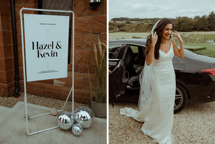 A Wedding Sign With Disco Balls And A Bride Arriving In A Car