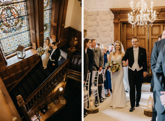 A bride walks with her father down a grand wooden staircase on the left, and the pair walk up and aisle arm in arm on the right