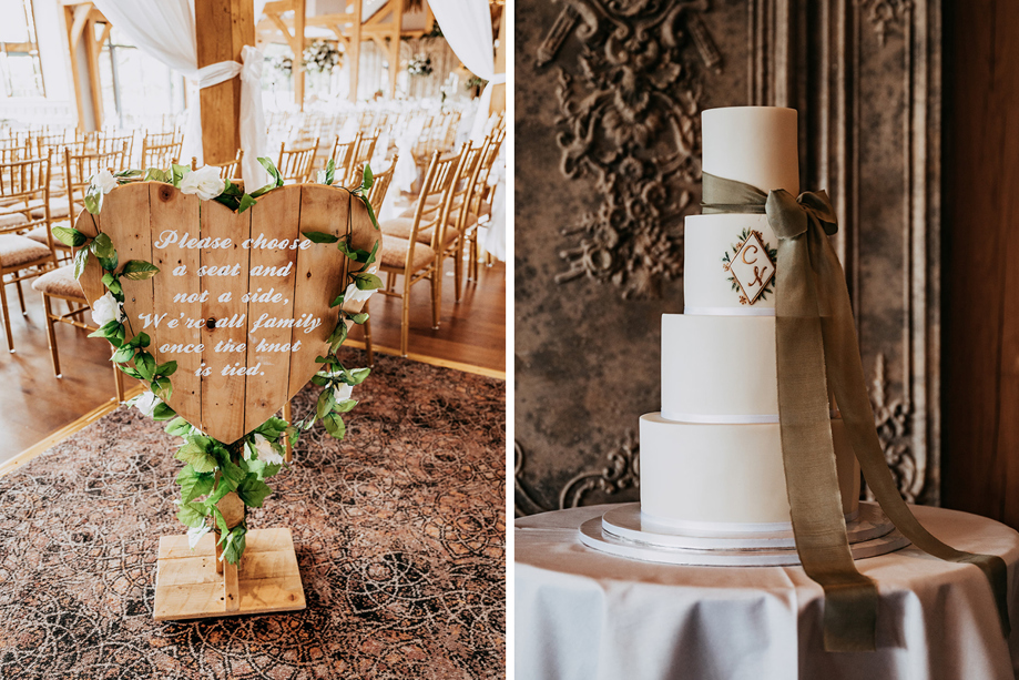 Sign to show guests to their seat and wedding cake image