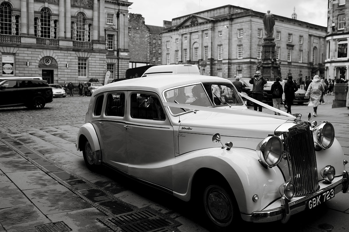 Vintage wedding car outside The Signet Library