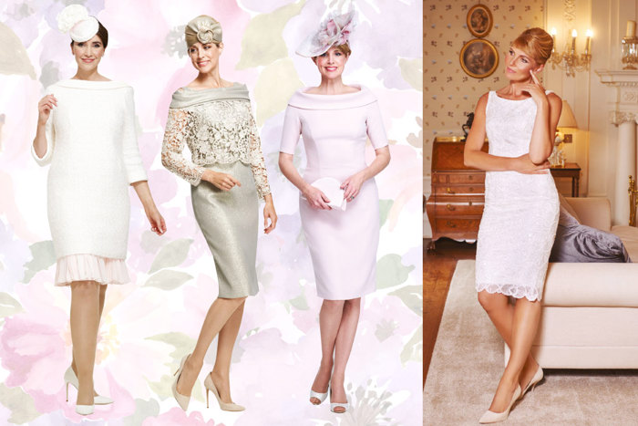 Four images of models all wearing pastel-coloured knee-length dresses