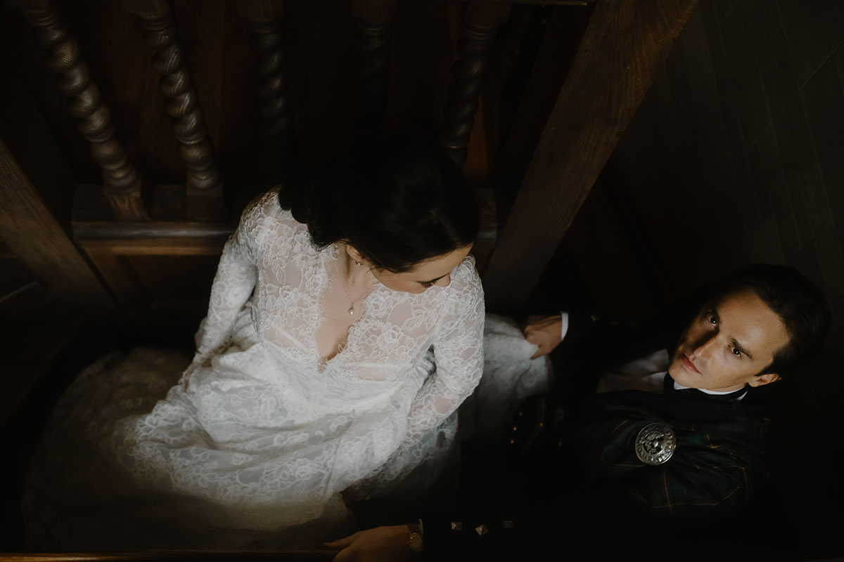 an aerial image of a bride and groom