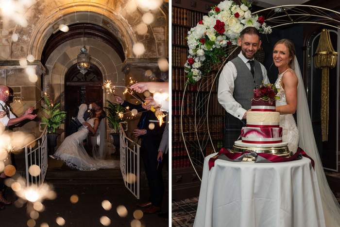 A Bride And Groom Kissing In A Doorway As People Hold Sparklers On Left And Bride And Groom Cutting Red And Ivory Wedding Cake On Right