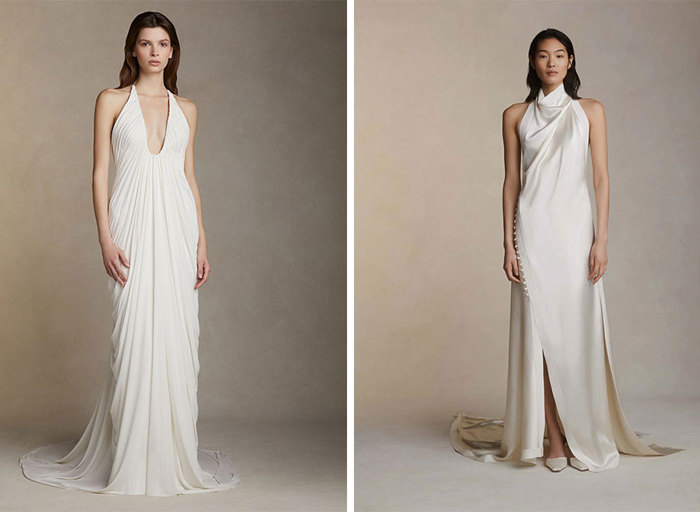 A model wearing a draped wedding dress on left. A model wearing a halterneck loose wedding dress with buttons at hip