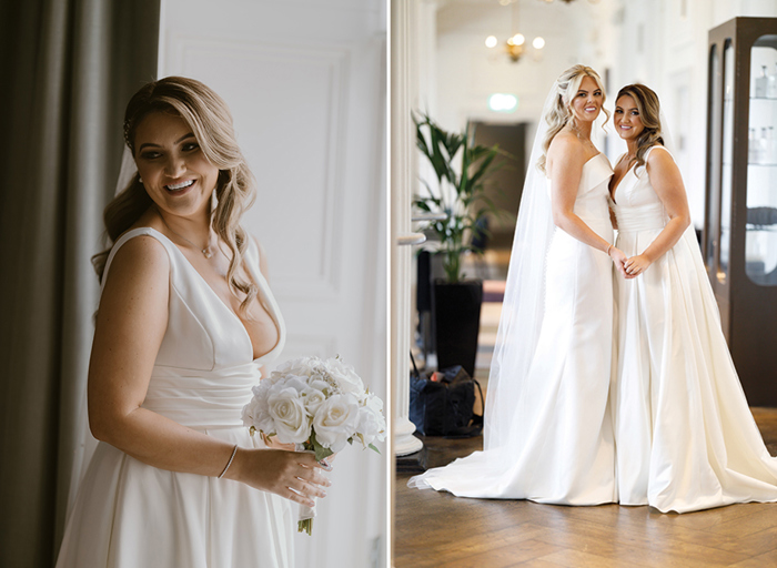 A portrait of a smiling bride on left. Two brides smiling and posing on right. They are standing on a wooden floor and there is a plant and cabinet in the background