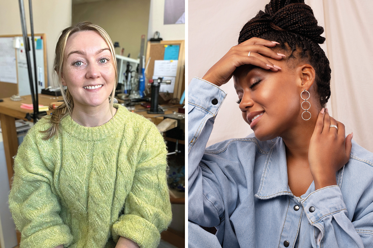 Jeweller Ellys May and a model wearing their striking circle earrings