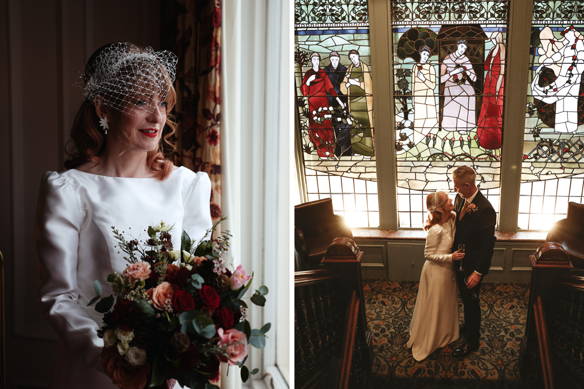 a bride standing with a rose bouquet on the left and a bride and groom standing in front of stained glass windows on the right