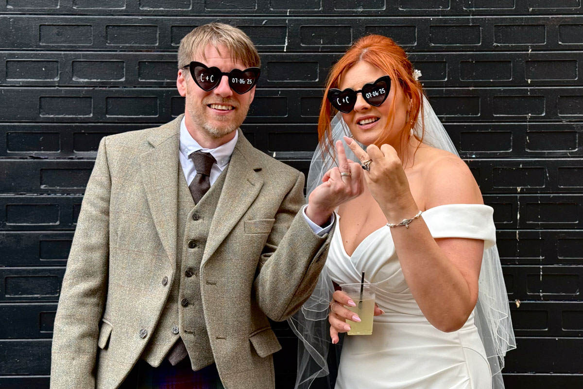 Bride and groom heart sunglasses Scotland. Wedding couple in sunglasses with date printed, photo by Let’s Do It Creative.