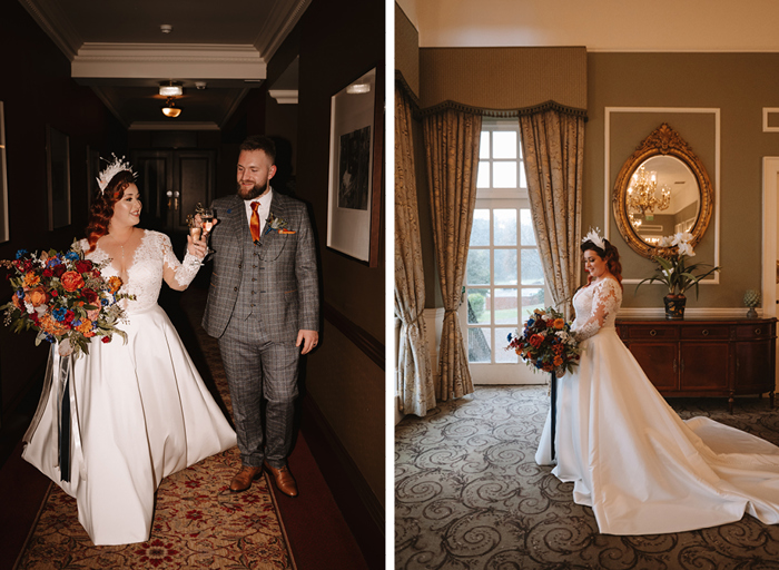 on left a bride and groom hold up champagne glasses in a hallway, on right a bride stands side on to the camera showing off the long train of her dress