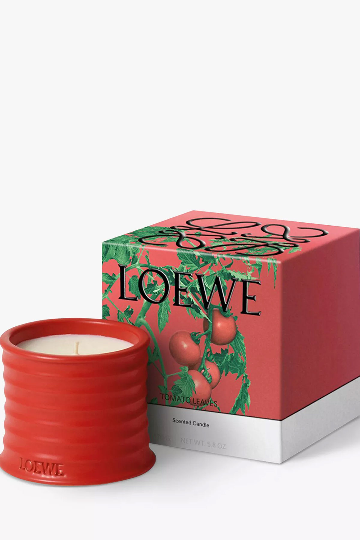 LOEWE tomato leaves scented candle in red ceramic holder and gift box, a luxury home fragrance wedding gift idea