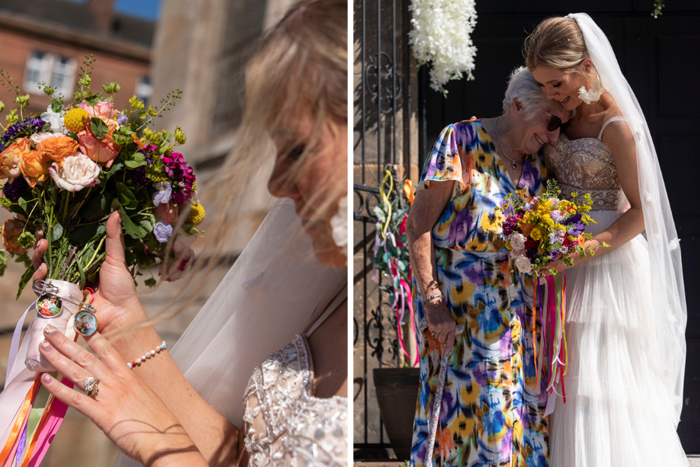 Bride holds bouquet with pictures of loved ones attached and hugs grandmother