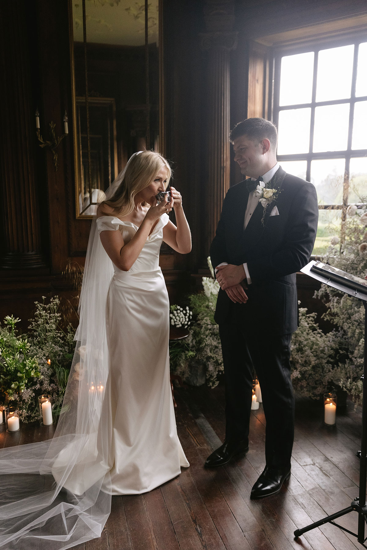 Bride drinking from quaich during humanist wedding ceremony at Gilmerton House East Lothian