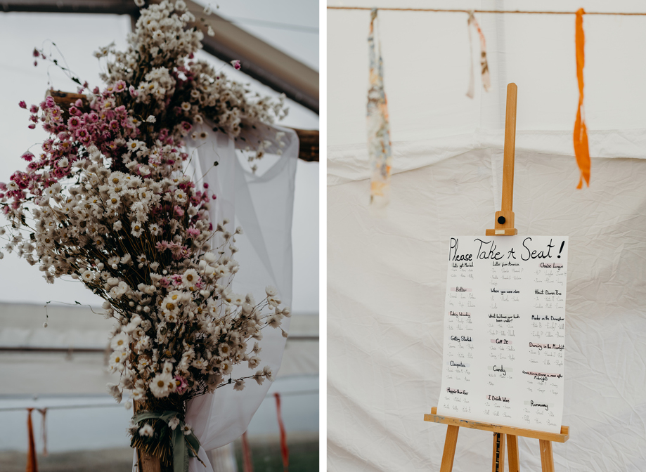 Left image shows a detail of a pink and yellow daisy floral arrangement on the corner of a wooden frame. Right image shows a handwritten wedding seating sign on wooden easel against a white marquee background