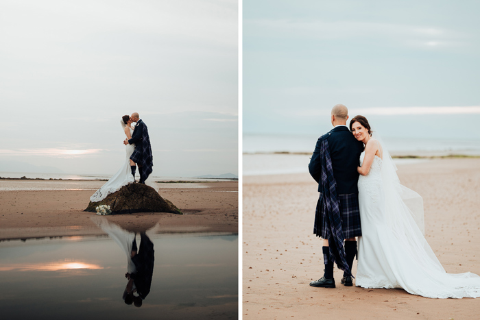 a bride and groom standing kissing on a mound on a beach as the sun sets in background on left and a smiling bride looks towards camera as groom looks out to sea while standing on a beach on right