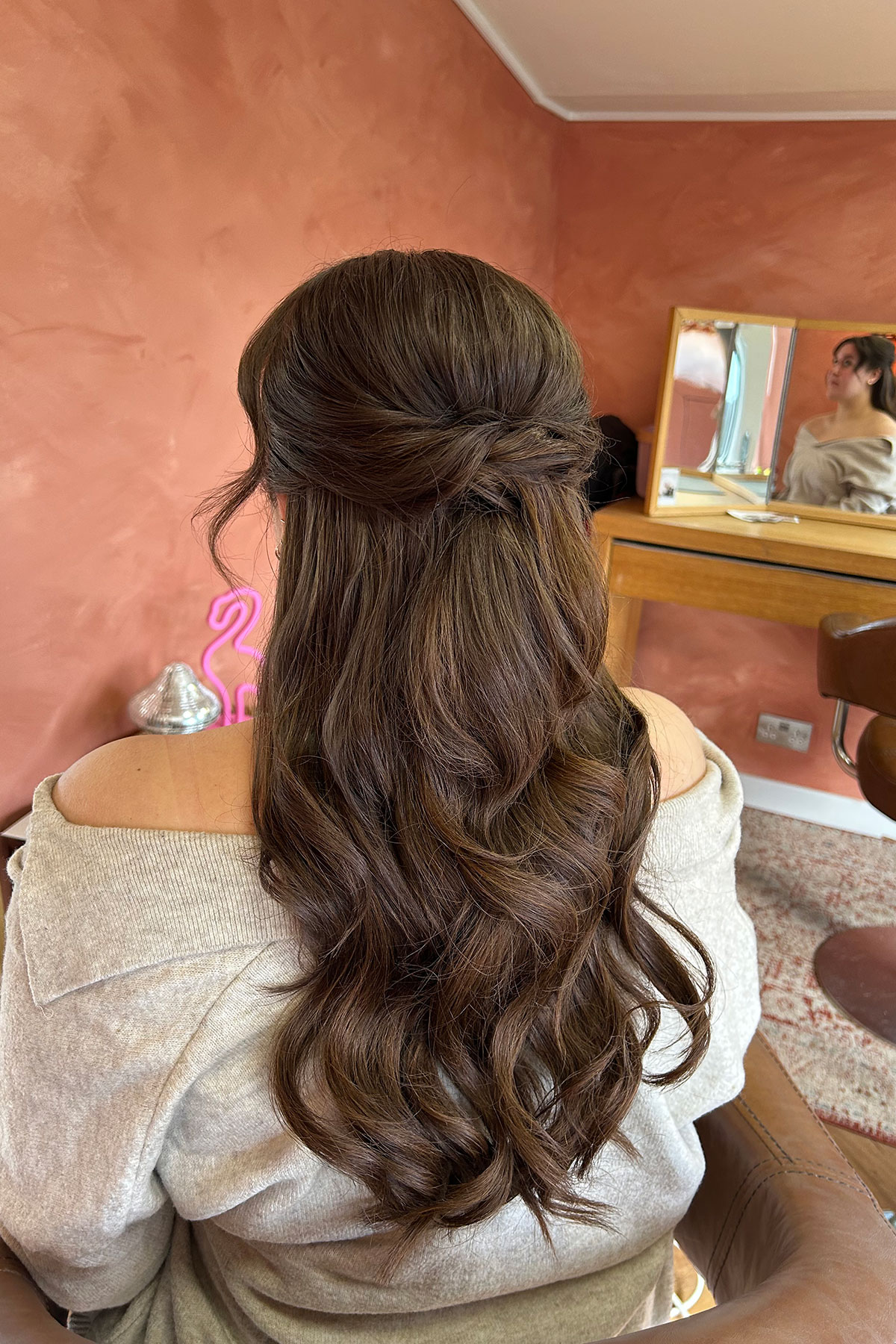 long brown wavy hair, a bride on her hair trial