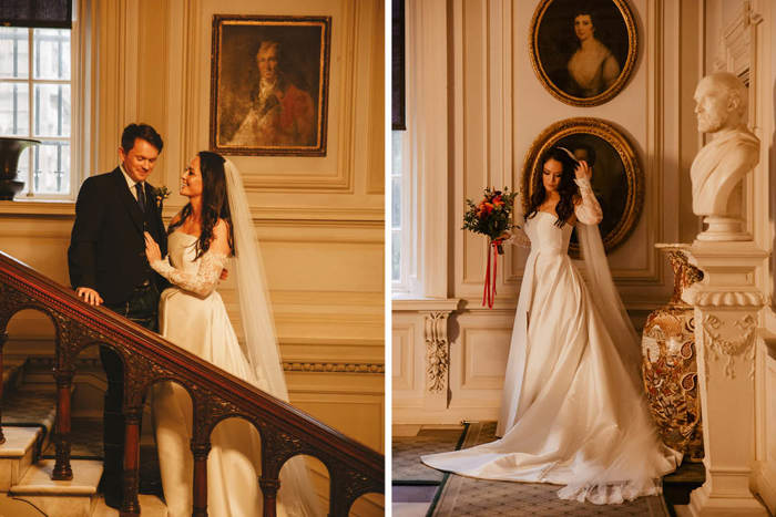 A Bride And Groom Pictured On A Staircase At Pollok House On Left And Bride Posing Next To An Ornate Wall And Oval Gilded Frame Paintings On Right