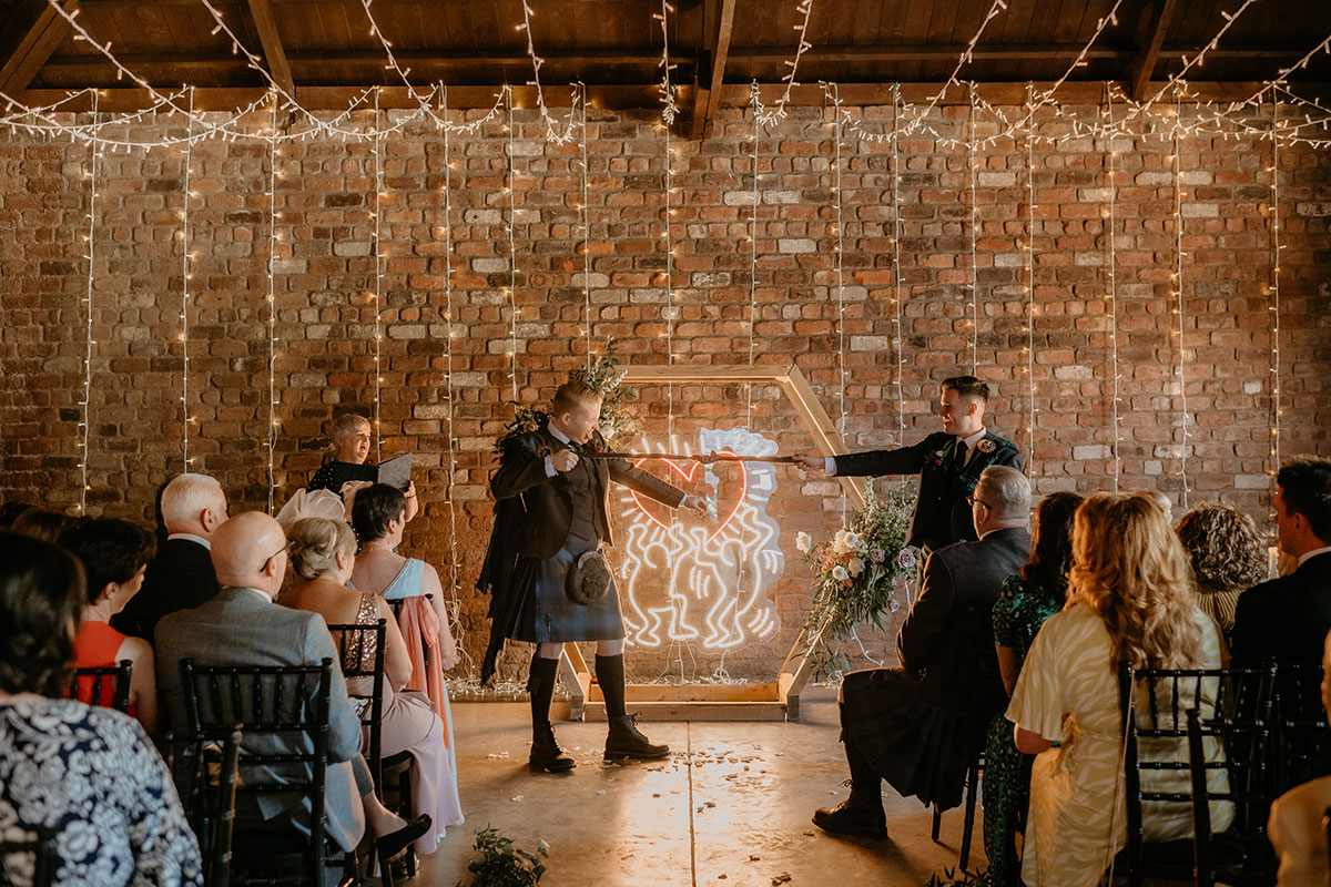 Wedding Rave Sign Neon disco rave Keith Haring wedding at The Engine Works Glasgow
