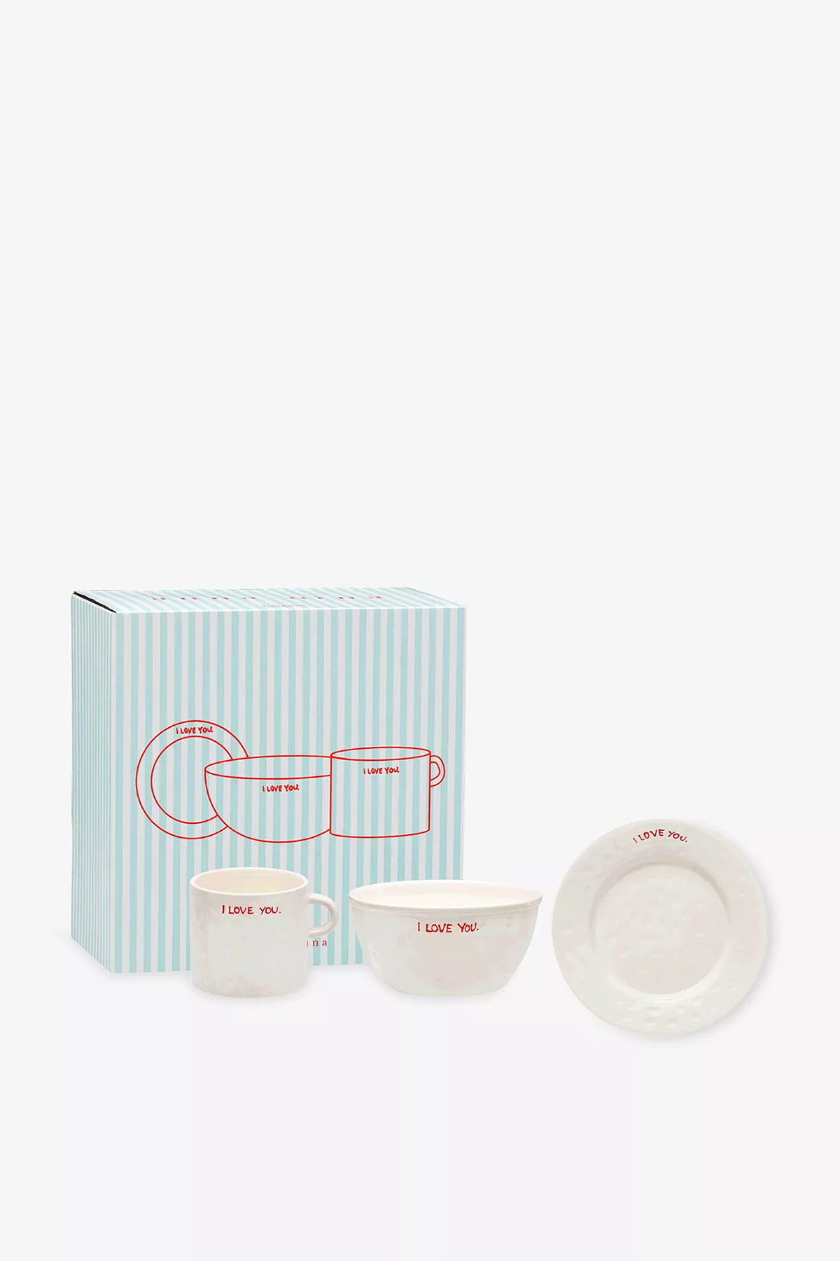 Anna + Nina I Love You ceramic breakfast set with cup, bowl and plate, a sweet wedding gift idea for newlyweds