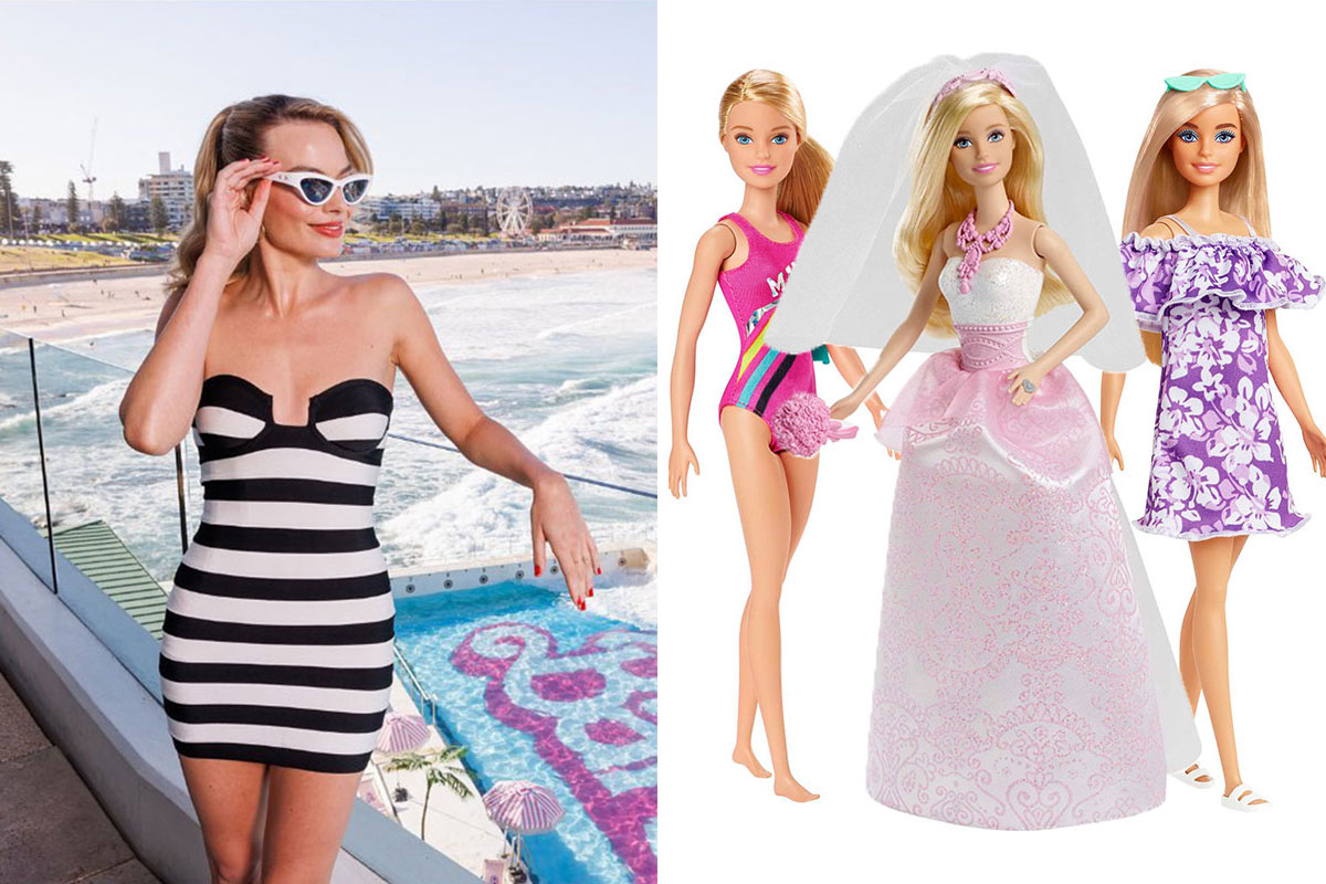 Margot Robbie in black and white striped dress and image of Barbie dolls