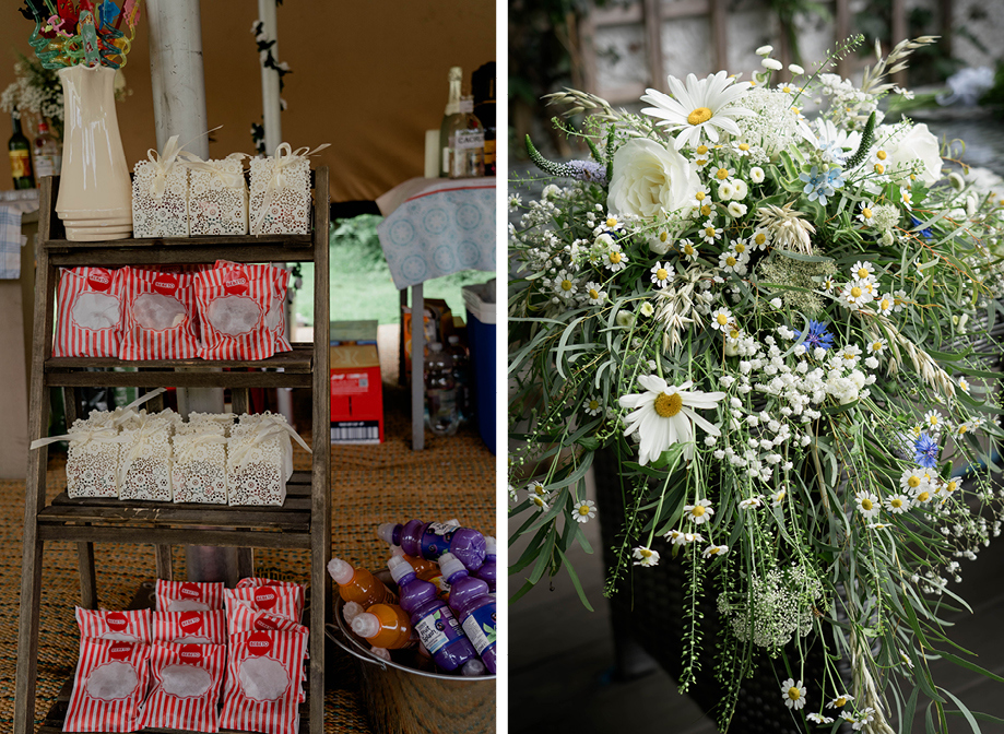 a small wooden step ladder with red striped sweet bags, lace-style sweet bags and jug filled with plastic straws in a canvas stretch tent. 