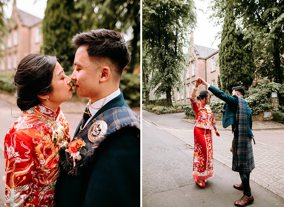 a bride wearing a red and gold Chinese qun kua with a groom wearing a Scottish kilt