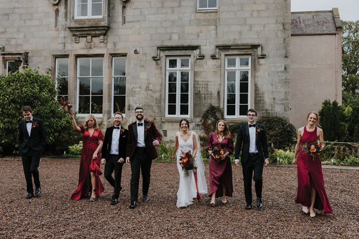 Bride And Groom With Ushers And Bridesmaids Outside Netherbyres House