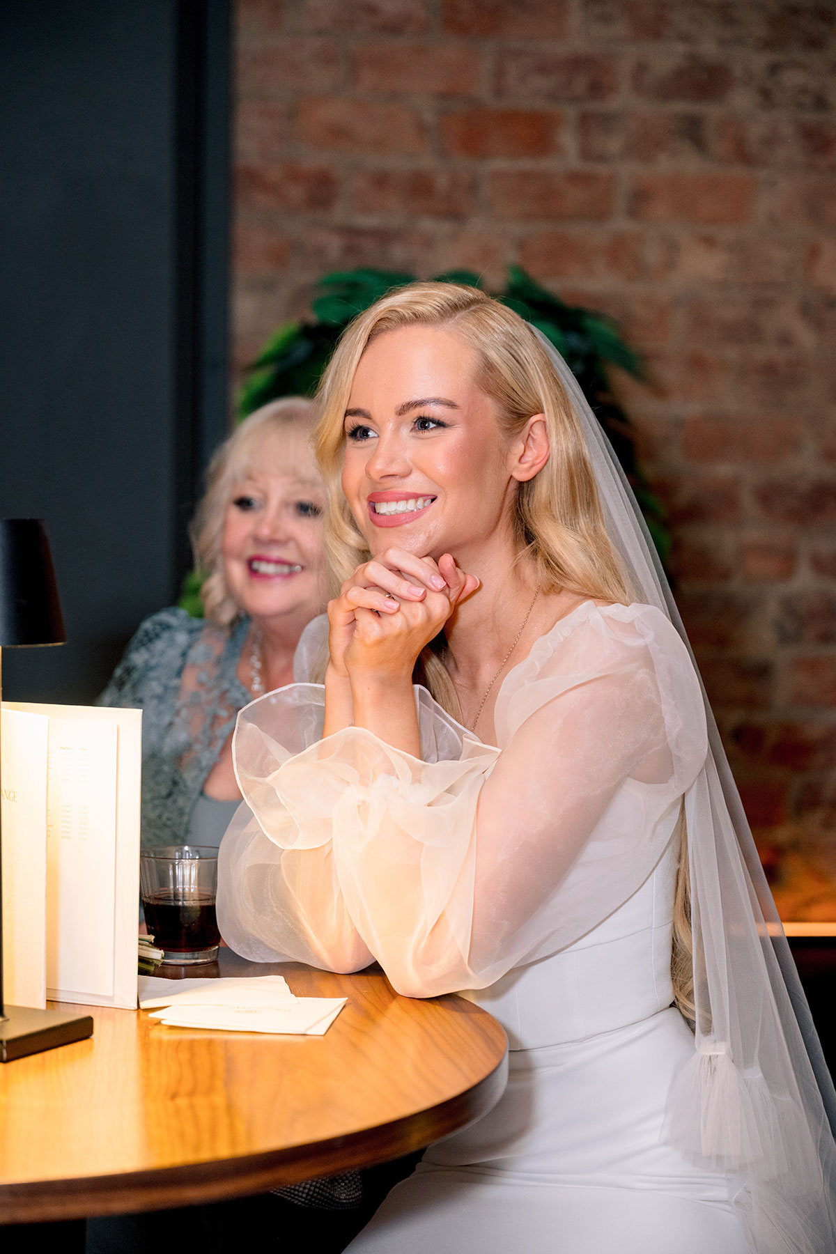 Bride smiling at wedding reception, The Exchange Glasgow, candid wedding photography