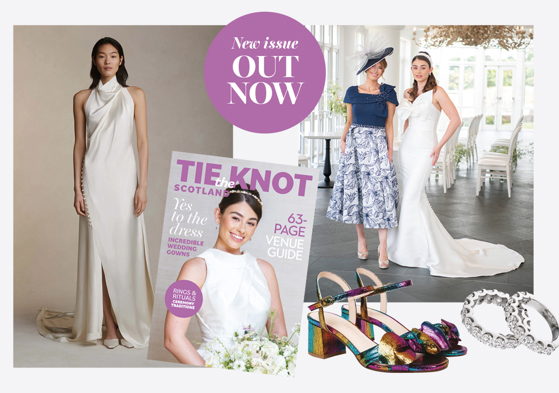 Collage image of various bridal images: bride in white dress with high neck, bride with white dress and flowers, rainbow coloured heels, mum and bride and rings