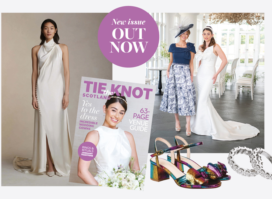 Collage image of various bridal images: bride in white dress with high neck, bride with white dress and flowers, rainbow coloured heels, mum and bride and rings