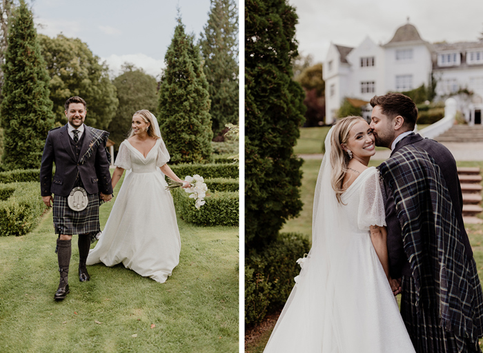 a bride and groom walking hand in hand in the green garden at Achnagairn Castle on left; a groom kissing a bride on the cheek as she looks over her shoulder towards the camera. They are in the garden at Achnagairn with the white castle exterior in the background