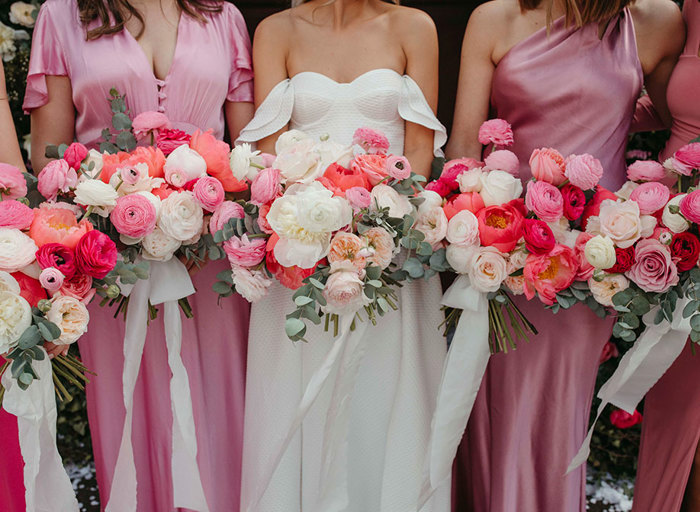 beautiful white, pastel pink and hot pink wedding bouquets 